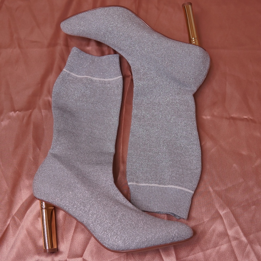 Silver Shimmery Round Toe Chunky Heel Sock Booties